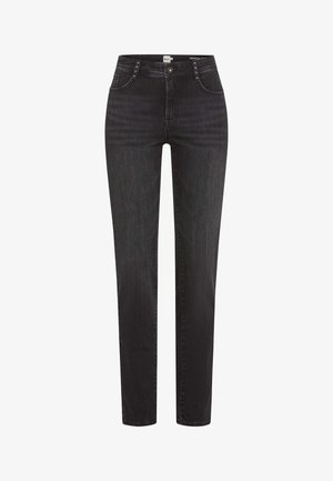 Sorte denim jeans med lige snit, udstyret med sølvfarvet hardware, fem lommer og let falmning på stoffet for tekstur.