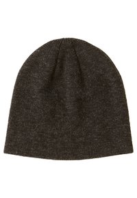 Donkergrijze gebreide beanie met een zachte textuur en een naadloze, afgeronde bovenkant. Heeft een geribbelde patroon dat door de stof loopt.
