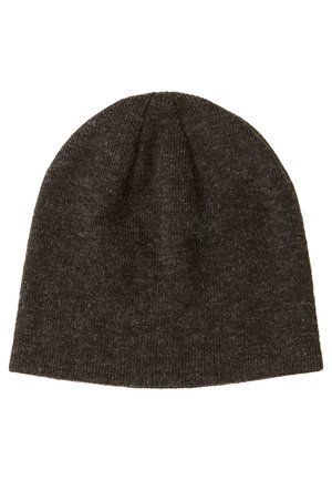 Donkergrijze gebreide beanie met een zachte textuur en een naadloze, afgeronde bovenkant. Heeft een geribbelde patroon dat door de stof loopt.