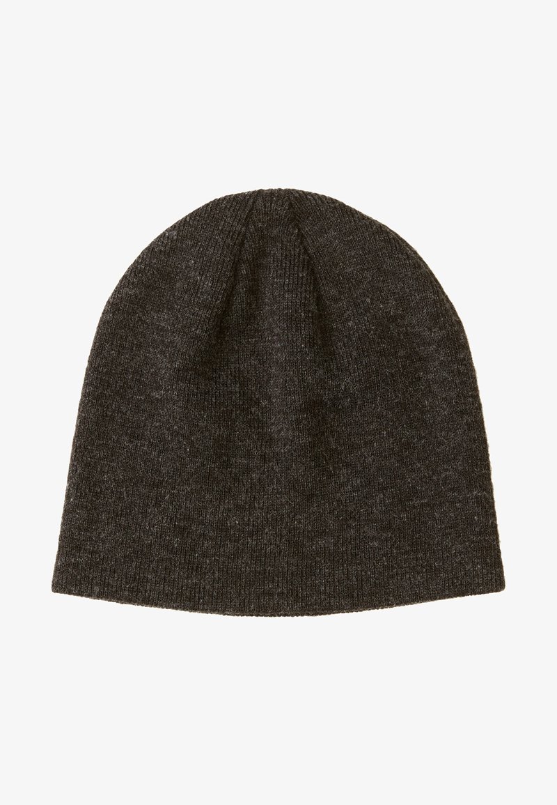 Dark gray knitted beanie hat with a soft texture and a seamless, rounded top. Features a ribbed pattern throughout the fabric.