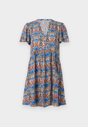 Robe à manches courtes dans un motif floral coloré featuring des tons de bleu, rouge et beige, avec un décolleté en V et un design de jupe à volants.