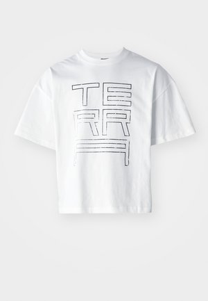 White cropped t-shirt made of cotton featuring bold black "TERRA" text printed on the front. Short, relaxed sleeves and a round neckline.
