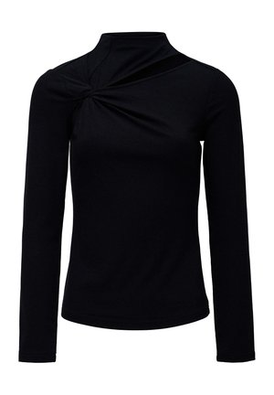 Top negro de manga larga con cuello alto, que presenta un diseño de frente retorcido y una textura suave. Sin patrones ni adornos.