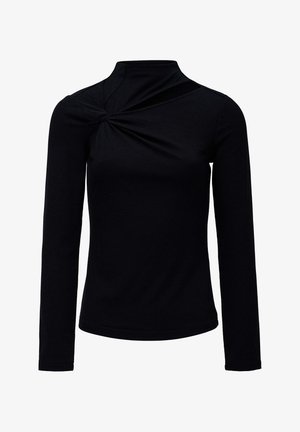 Top negro de manga larga con cuello alto, que presenta un diseño de frente retorcido y una textura suave. Sin patrones ni adornos.