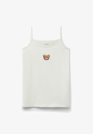 Canotta bianca con spalline sottili, caratterizzata da una grafica di un orso bruno al centro. Realizzata in un tessuto morbido con un design semplice e scollatura rotonda.