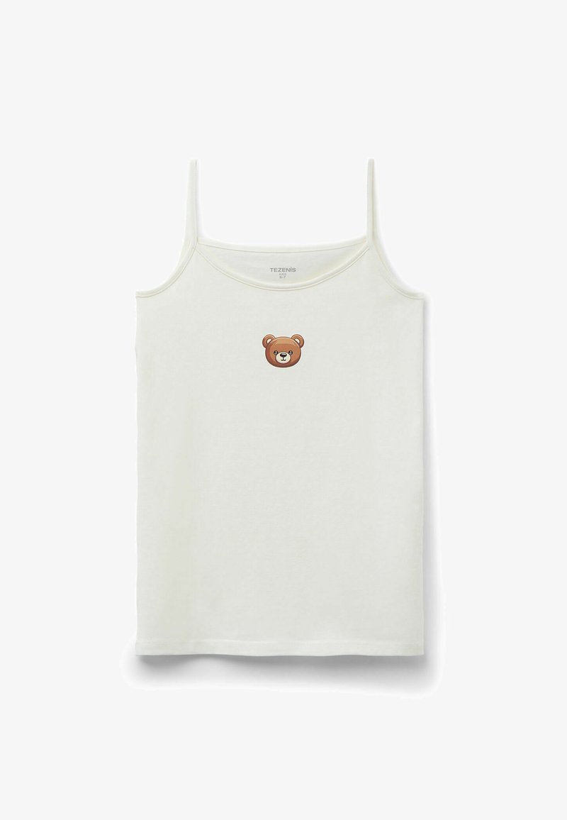 Canotta bianca con spalline sottili, caratterizzata da una grafica di un orso bruno al centro. Realizzata in un tessuto morbido con un design semplice e scollatura rotonda.