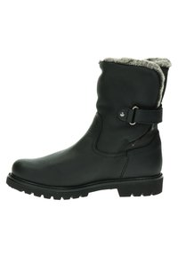 Botas de cuero negro hasta el tobillo con un suave forro de piel de gris, detalle de correa ajustable y una suela robusta para mayor tracción. Presentan una puntera redondeada.