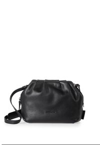 Borsa a mano in pelle nera con superficie testurizzata, parte superiore arricciata, tracolla regolabile e chiusura a zip. Forma compatta e arrotondata, branding minimale.