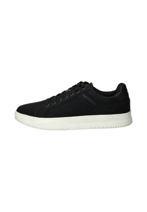 Black sneakers with a textured upper, white rubber sole, and round toe. Features perforated accents and classic lace-up design.