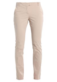 Beige dress pants made of smooth fabric, featuring a button closure, side pockets, and a slim fit design.