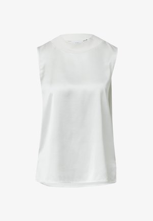 Weißes ärmelloses Oberteil mit einem runden, gerippten Halsausschnitt. Aus glattem Stoff gefertigt, mit geradem Schnitt und minimalistischem Design.