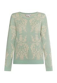 Világoszöld kötött pulóver V nyakú, hosszú ujjal, krémszínű virágos és madármintával az egész felületen. Bordás mandzsetta és alj.