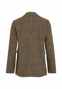 Houndstooth-patterned blazer in brown, green, and burgundy tones. Features a classic collar and long sleeves, with side pockets.