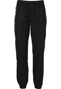 Pantalones deportivos negros, ligeros, con una cinturilla elástica, puños en los tobillos y dos bolsillos laterales con cremallera. Textura de tela suave y brillante.