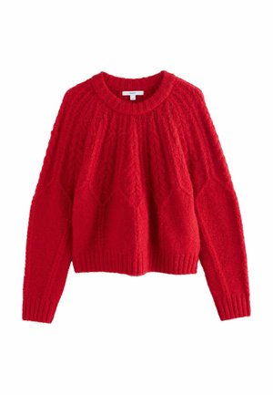 Roter kabelgestrickter Pullover mit rundem Ausschnitt, gerippten Bündchen und Saum. Weiche Textur, übergroße Passform, detailliertes Muster auf dem Körper.