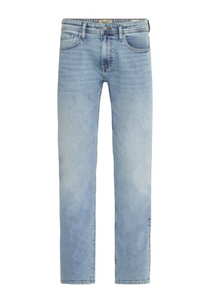 Jean en denim bleu clair à coupe droite avec cinq poches, fermeture à bouton, et légers détails délavés.