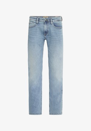 Jean en denim bleu clair à coupe droite avec cinq poches, fermeture à bouton, et légers détails délavés.