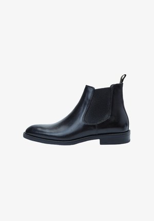 Botas Chelsea de cuero negro con paneles laterales elásticos y una lengüeta, con un acabado suave y un tacón bajo apilado.