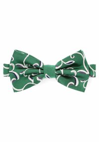 Zielony muszka wykonana z teksturowanej tkaniny, z białymi i granatowymi wzorami w spiralne linie. Klasyczny kształt z regulowanym paskiem z tyłu.