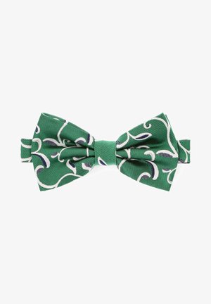 Zielony muszka wykonana z teksturowanej tkaniny, z białymi i granatowymi wzorami w spiralne linie. Klasyczny kształt z regulowanym paskiem z tyłu.