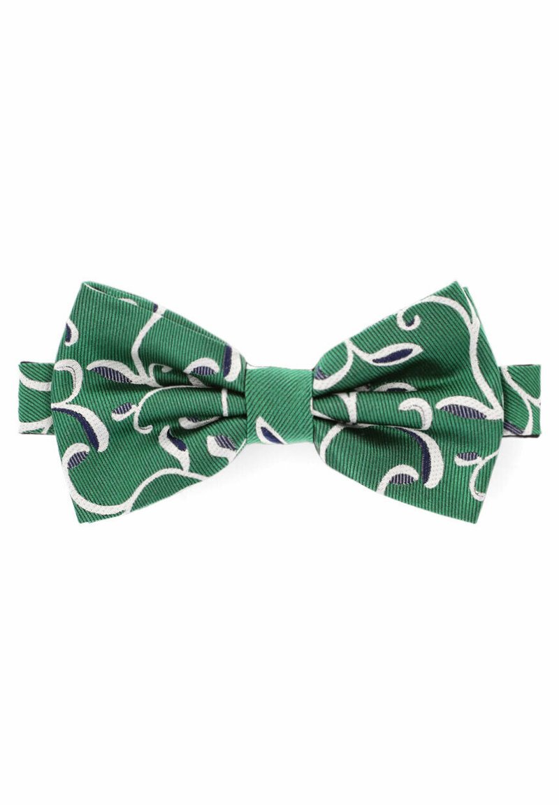 Zielony muszka wykonana z teksturowanej tkaniny, z białymi i granatowymi wzorami w spiralne linie. Klasyczny kształt z regulowanym paskiem z tyłu.