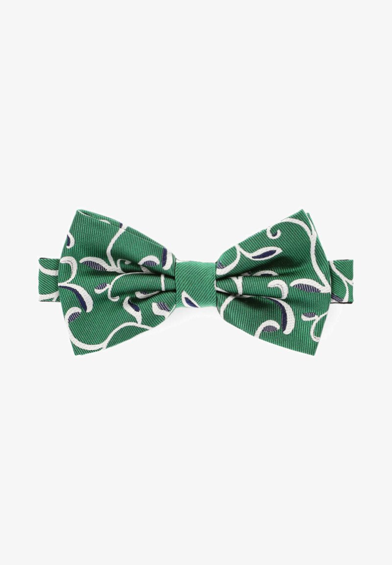 Zielony muszka wykonana z teksturowanej tkaniny, z białymi i granatowymi wzorami w spiralne linie. Klasyczny kształt z regulowanym paskiem z tyłu.