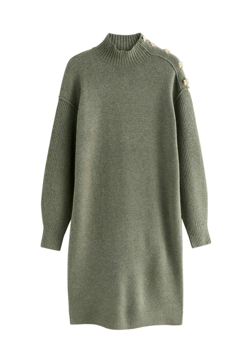 Rochie tricotată verde cu guler înalt, mâneci cu nervuri și nasturi decorativi pe umăr. Textură moale și croială lejeră.