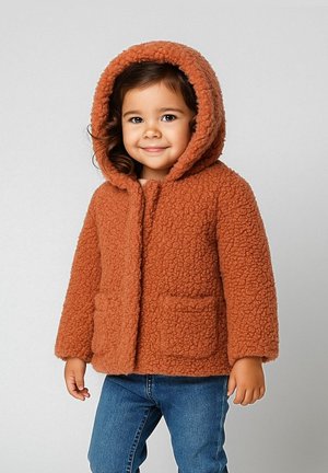 Pruuni fliiskate, millel on kapuuts, tekstuuriga pind, ees taskud ja nupuvääratus, kantud siniste teksade peal.