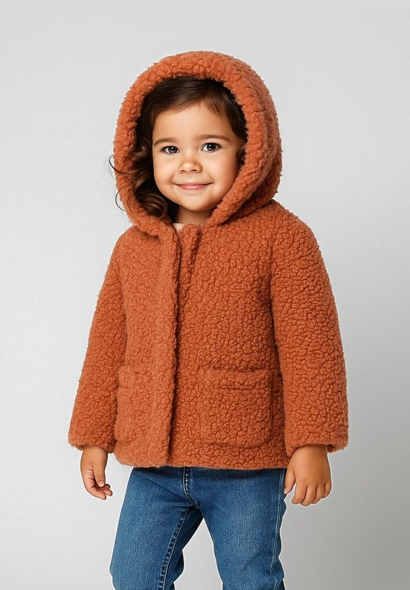 Barna bolyhos dzseki kapucnival, textúrált felülettel, elülső zsebekkel és gombos záródással, kék farmernadrág felett viselve.