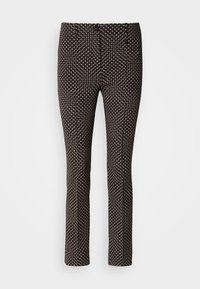 Pantalons noirs avec un motif géométrique blanc, coupe slim, avec une texture lisse et une fermeture à bouton frontale standard.