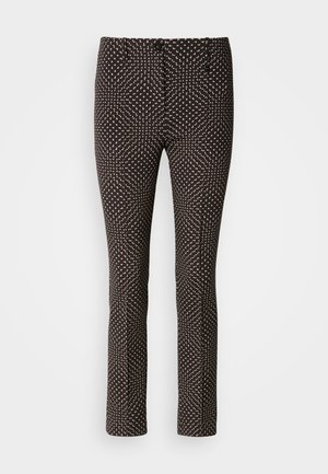 Black trousers featuring a geometric white pattern, slim fit, with a smooth texture and standard front button closure.
