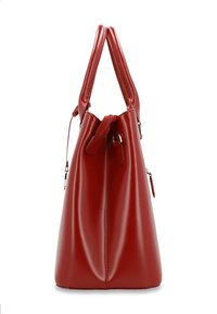 Red, glossy handbag made of synthetic material, with two top handles, a zip closure, and side accents. Smooth texture, structured shape.