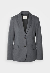 Blazer gris foncé simple boutonnage avec revers à cran, deux boutons, poches à rabat et étiquette intérieure indiquant Marc O’Polo.