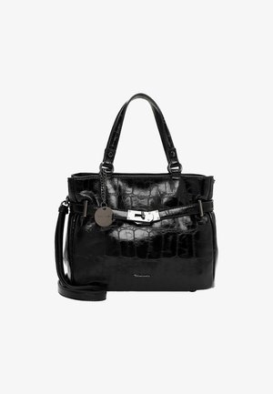 Sac à main en cuir synthétique noir imitation crocodile avec une forme structurée, quincaillerie argentée et deux anses. Comprend une bandoulière réglable et un charm.