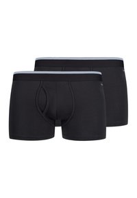 Schwarze Baumwoll-Boxerbriefs in einem engen Design. Mit einem lichtblauen elastischen Bund und einer konturierten Tasche für Unterstützung. Zwei Paare abgebildet.