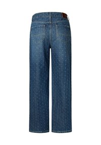Jeans en denim bleu foncé avec une coupe légèrement ample. Comprend deux poches arrière et des détails à motifs subtils sur l'ensemble. Taille définie avec passants.