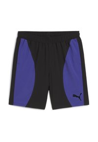 Svarta idrottsshorts med lila sidopaneler, elastisk midja, sidofickor och en svart Puma-logotyp på nedre högra sidan.