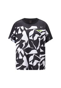 Svart och vit mönstrad kortärmad skjorta med rund hals och en grön logotypaccent; tillverkad av andningsbart tyg med en jämn textur.