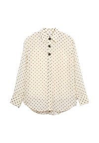 Camicia button-up color crema con pois neri, maniche lunghe, collo classico e dettagli decorativi con bottoni sul davanti.