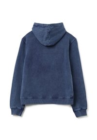 Felpa blu navy con cappuccio regolabile e polsini a coste. Tessuto morbido e strutturato; presenta un design semplice e una vestibilità rilassata, con retro semplice.
