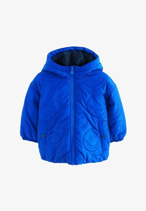 Blau gesteppte Jacke mit Kapuze, ausgestattet mit einem weichen Futter aus Pelz, Frontreißverschluss und reliefierten Smiley-Gesichtsmustern auf dem Stoff.
