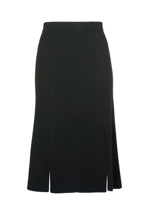 Zwarte rok met een aansluitende tailleband, tot op de knie, met twee zijsplitten en een soepele textuur. Ontworpen met verticale naaddetails.