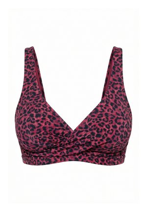 Sujetador con estampado de leopardo en rojo y negro, con tirantes anchos y detalle cruzado en la parte delantera.