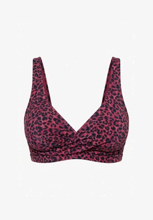 Soutien-gorge à imprimé léopard rouge et noir avec des bretelles larges et un détail croisé à l'avant.