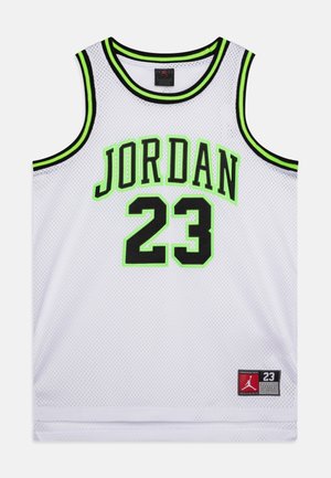 Hvid mesh basketballtrøje med neongrønne og sorte kanter, "JORDAN" og nummer 23 i sort med neongrøn kant foran.
