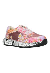 Sneaker con stampa floreale con un upper in rete nei colori rosa, arancione e viola, con dettagli bianchi e una suola bianca a motivo. Punta rotonda e lacci.