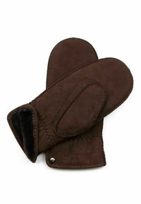 Braune Lederhandschuhe mit glatter Textur, die eine geschwungene Form und ein gesticktes Design aufweisen. Gefüttert mit weichem Material für Wärme.