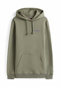 Felpa verde chiaro con cappuccio, tasca a marsupio, coulisse e piccolo testo viola "tommy jeans" sul petto.