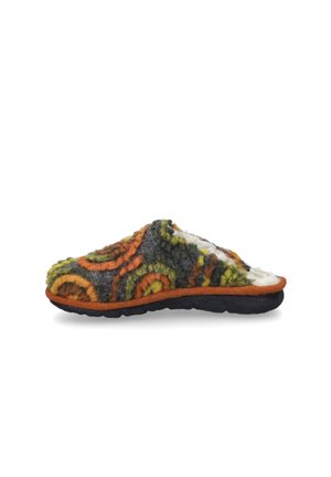 Wool slip-on slipper with a black rubber sole. Features a gray, green, and orange circular pattern and a white fuzzy interior lining.