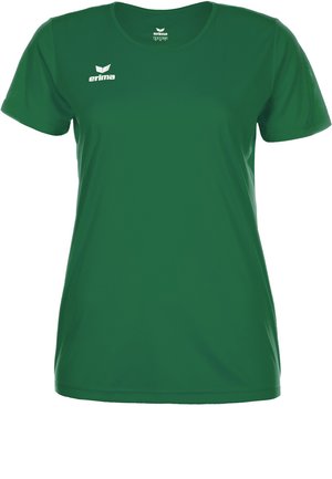 T-shirt de sport vert en tissu léger. Il présente un col rond et des manches courtes, avec un logo sur le côté supérieur gauche.
